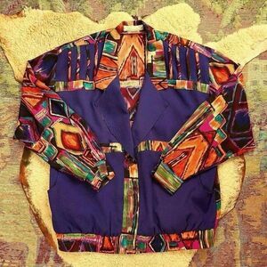 Vtg 1980s Purple Abstract Print Bold Geometric Statement Jacket Sz S Rockabilly